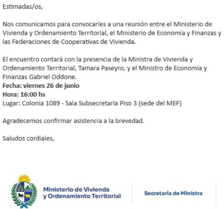 Federaciones de cooperativas de vivienda se reunirán con los ministros de Economía y Vivienda de cara a la Rendición de Cuentas
